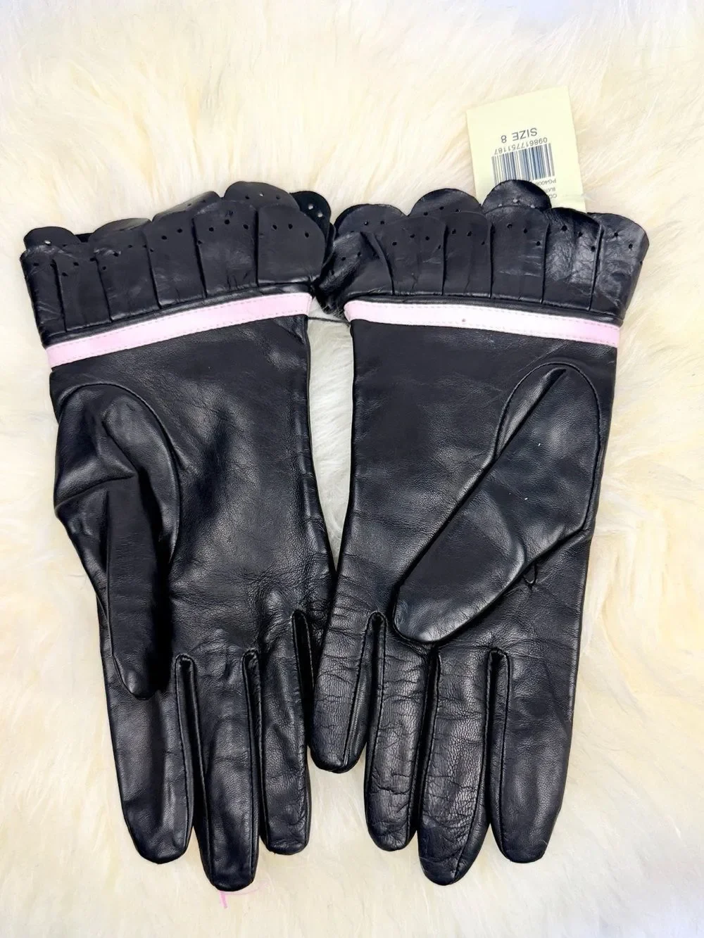 Lord & Taylor Black Leather Gloves Size 8 Pink Trim Bow Scalloped Cuff NWT Vtg